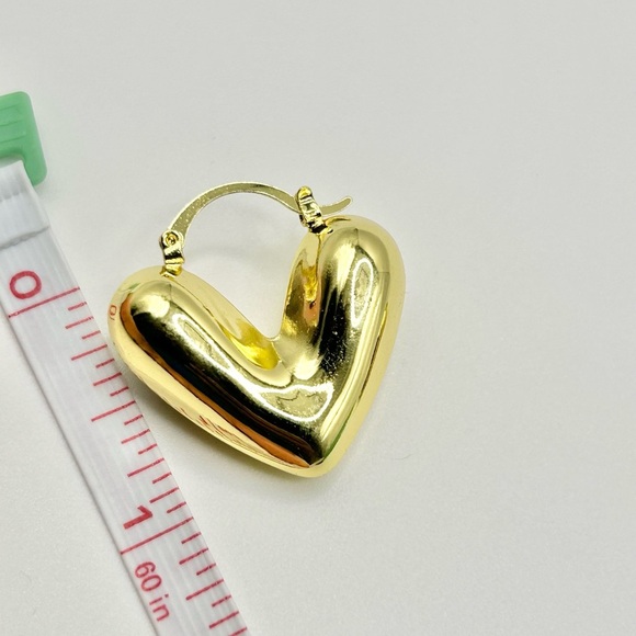 18K Shiny Gold Puffy Heart Hoop Earrings - Statement Jewelry - Picture 4 of 5